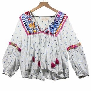 Miss June White Blouse Multicolor Embellishments 100% Cotton Boho